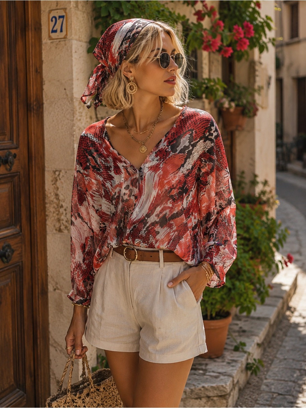 Sheer Red Abstract Print V-Neck Women’s Blouse Sz M